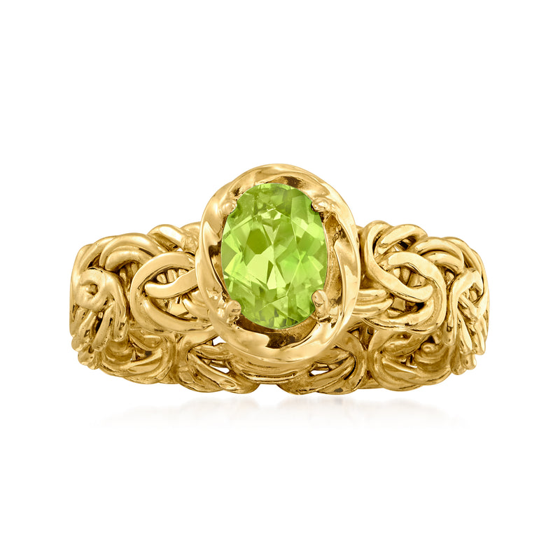 Peridot oval gemstone Byzantine ring in gold-tone braided setting