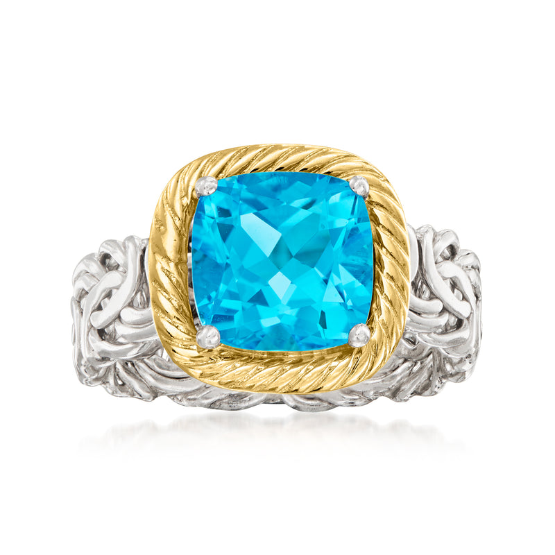 Swiss blue topaz Byzantine ring with cushion-cut stone, gold frame, braided silver band