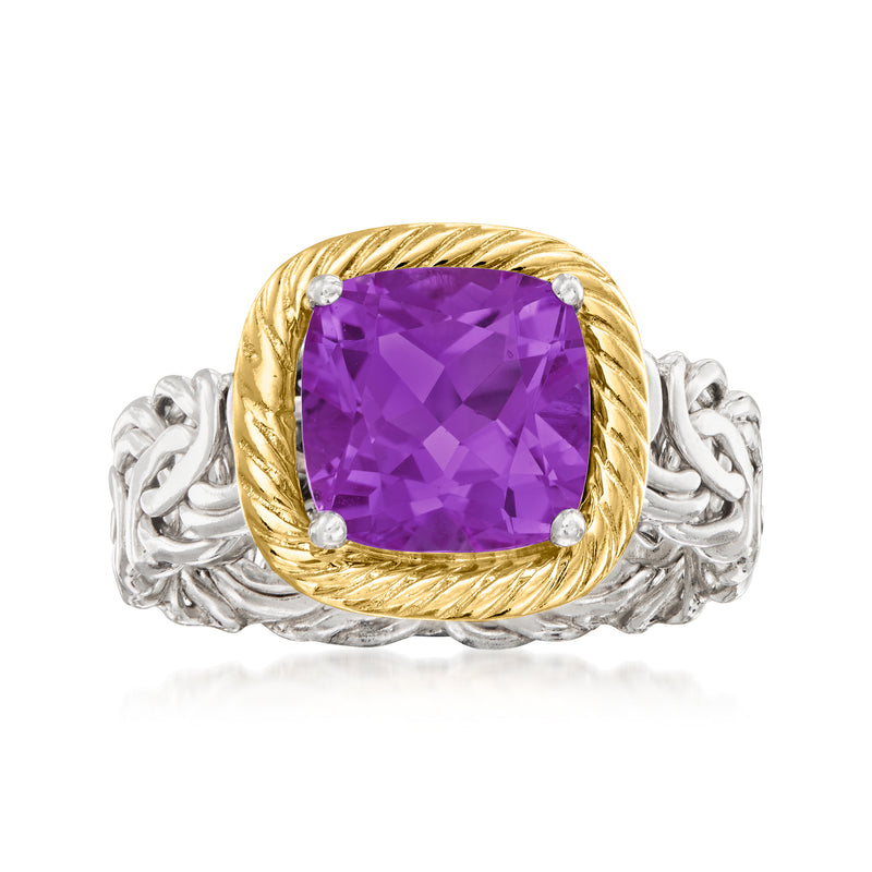 Amethyst cushion ring in sterling silver and 14kt yellow gold, purple gemstone bezel