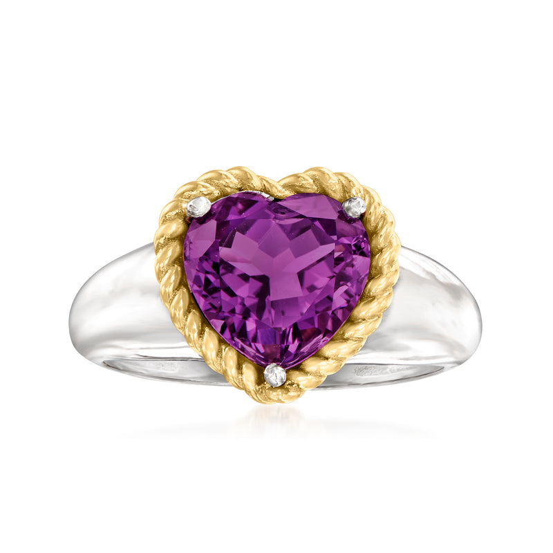 Heart amethyst ring: purple heart gemstone in 14kt gold bezel on silver band