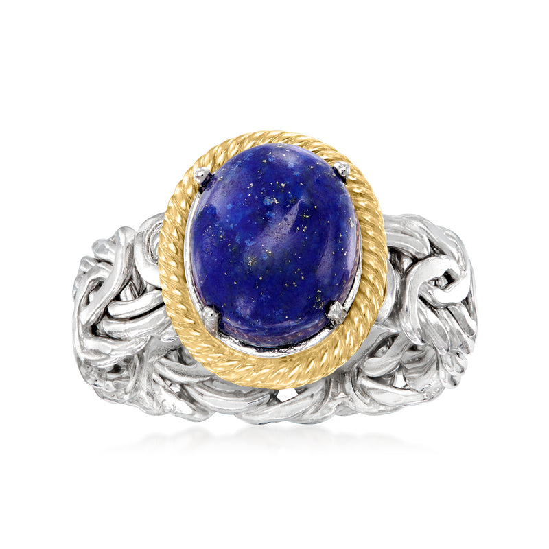 Sterling silver Byzantine ring with oval lapis lazuli cabochon and 14kt yellow gold bezel