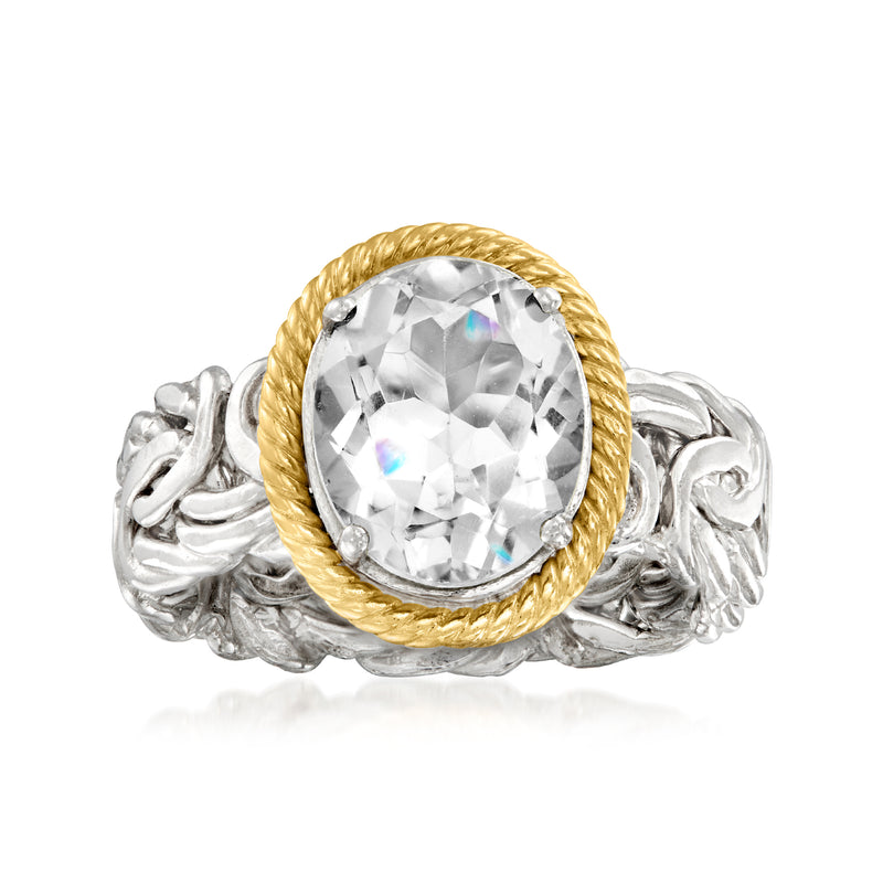 Byzantine-style CZ ring with oval clear stone, sterling silver and 14kt yellow gold bezel