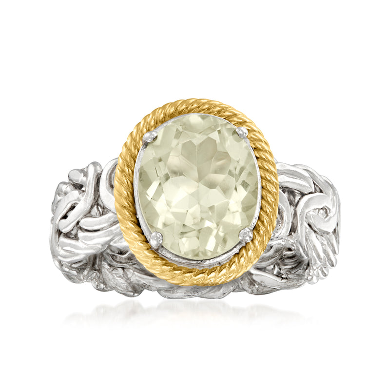 Oval prasiolite-style gemstone ring with 14kt yellow gold bezel and sterling silver twisted setting