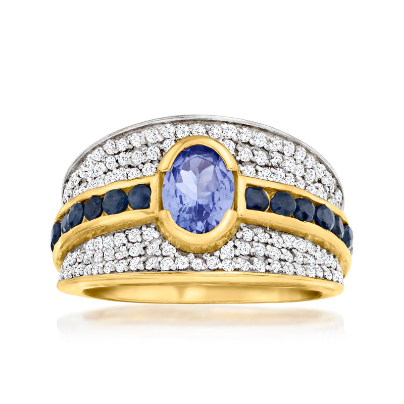 Tanzanite ring with white zircon pavé and sapphire rows in gold over sterling