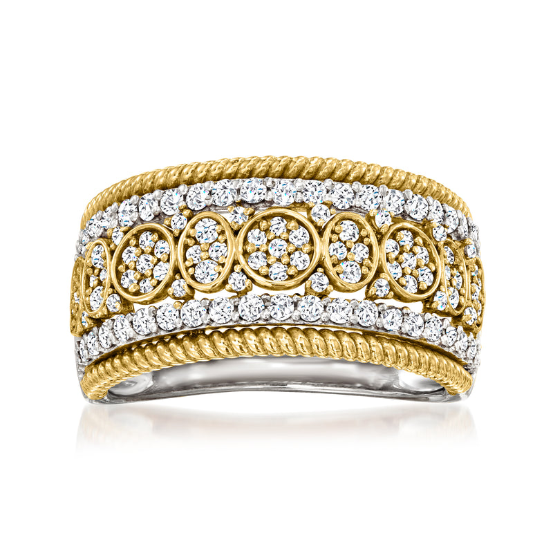 Roped-edge diamond ring in sterling silver with 18kt yellow gold over silver and round pave settings