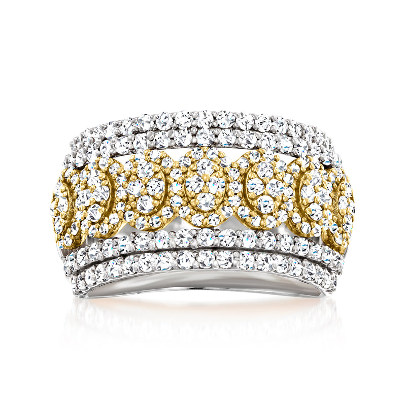 Two-tone gold diamond ring with sparkling pave stones across a wide band