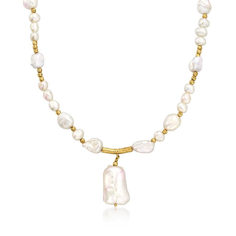 Cultured baroque pearl drop necklace with gold clasp and teardrop pendant