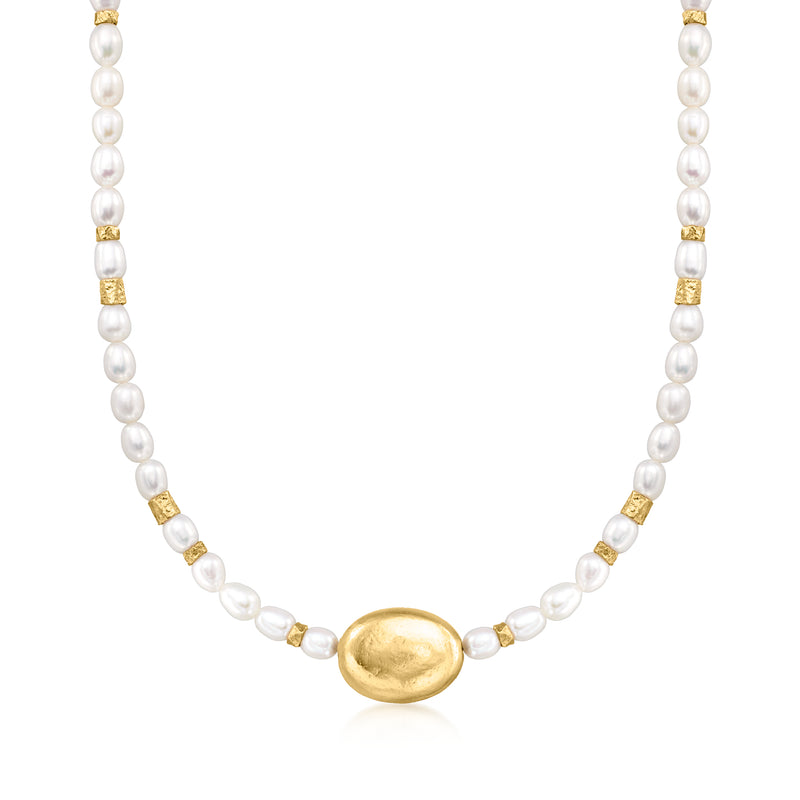 Cultured pearl bead necklace with 5.5–6mm oval beads and gold clasp.