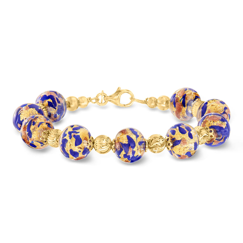 Blue Murano glass bead bracelet with gold-tone toggle clasp and round beads