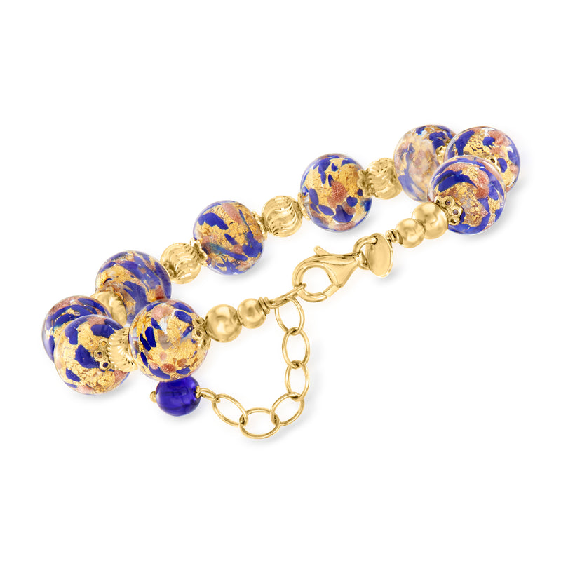 Blue Murano glass bead bracelet with gold-tone chain and round blue beads