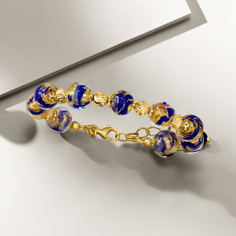 Blue Murano glass bead bracelet on gold-tone links with toggle clasp