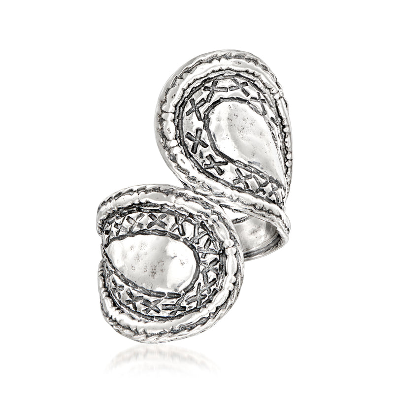 Sterling silver bypass ring with two oval faces and X-pattern engraving
