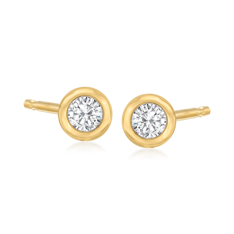 14kt yellow gold bezel diamond stud earrings with round clear stones