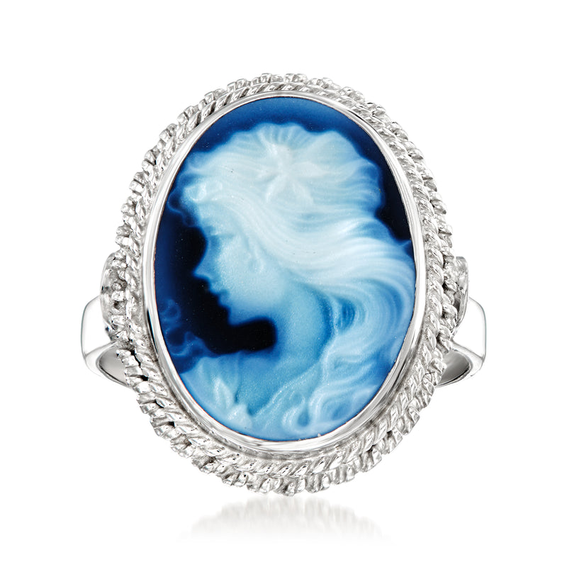 Sterling silver cameo ring with oval blue agate and raised profile in frame