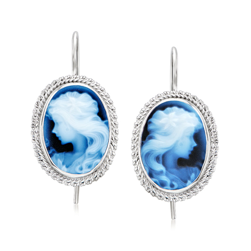 Oval blue agate cameo drop earrings in sterling silver, textured bezel, earwires