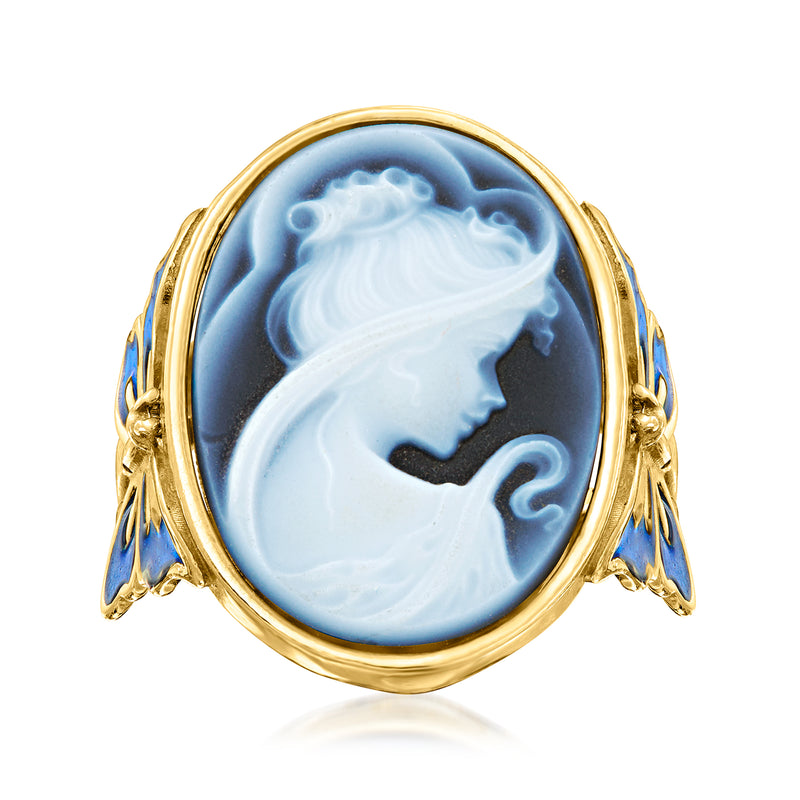 Blue cameo ring with oval blue enamel-style insert and gold filigree bezel
