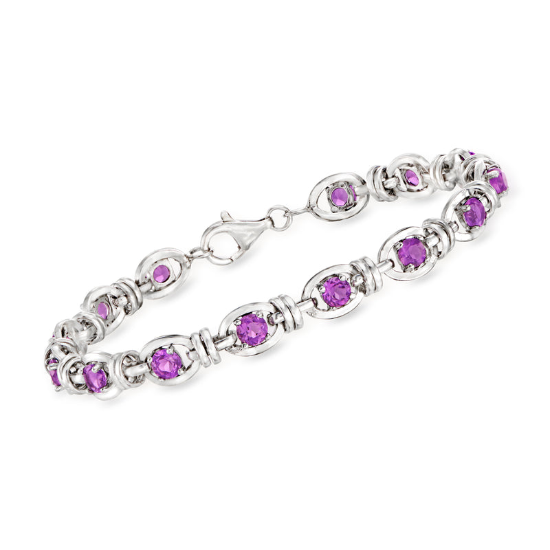 Sterling silver oval-link bracelet with round purple amethyst gemstones and toggle clasp