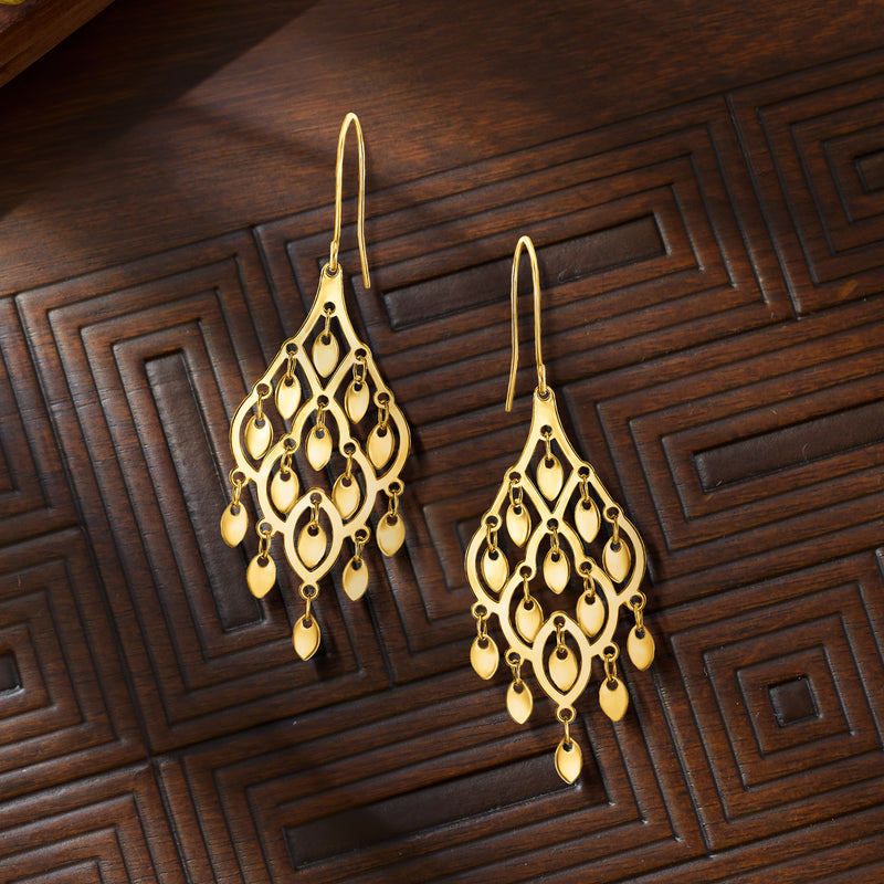 10kt yellow gold chandelier earrings with layered filigree and multiple dangling drops