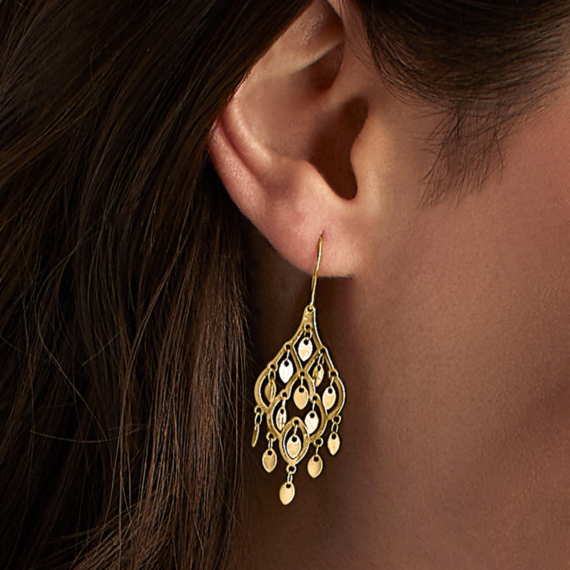 10kt yellow gold chandelier earrings on ear, teardrop filigree with hanging drops