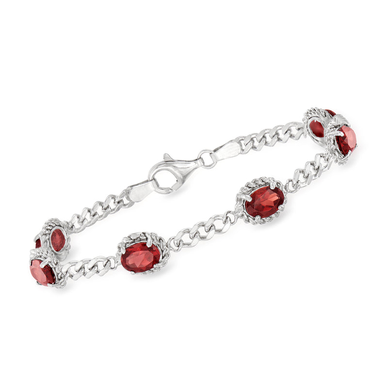 Sterling silver curb-link bracelet with red garnet round station stones and clasp