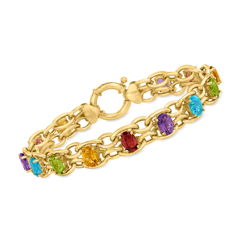 Gold over sterling oval-link bracelet with multicolor gemstone links and clasp