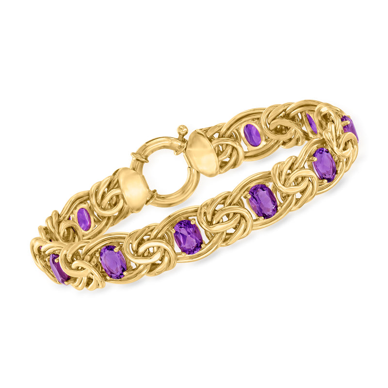 18kt gold over sterling Byzantine bracelet with purple oval amethyst stones and link design
