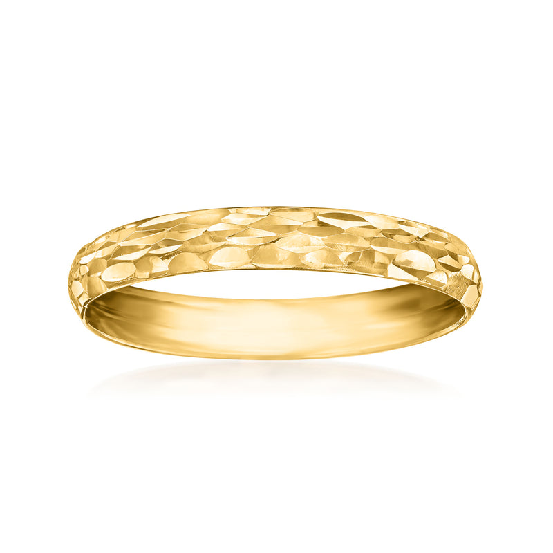 10kt yellow gold textured ring, hammered diamond-pattern band, wide profile.