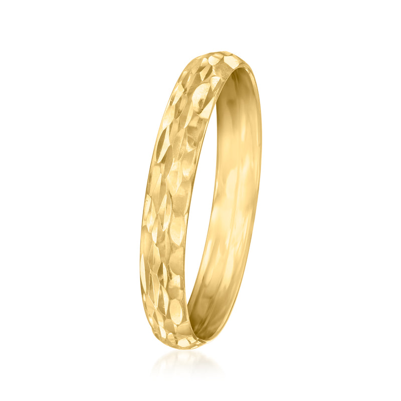 10kt yellow gold textured ring, faceted diamond pattern, side profile of band.