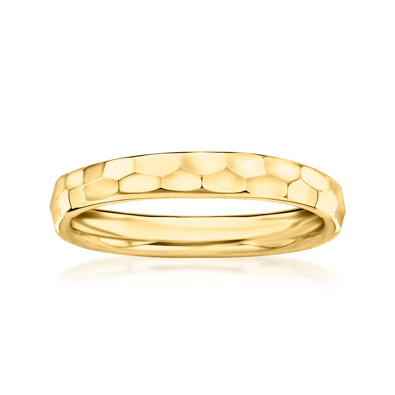 10kt yellow gold hammered band ring, rounded profile, polished inside