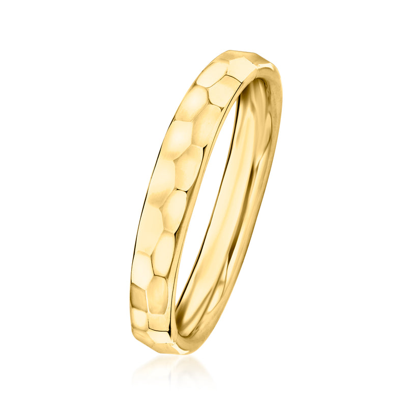 10kt yellow gold hammered band ring, side profile with faceted texture