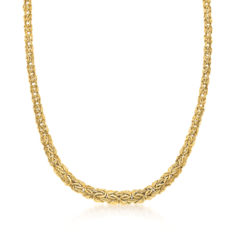 Yellow gold Byzantine chain necklace with graduated links, close-up