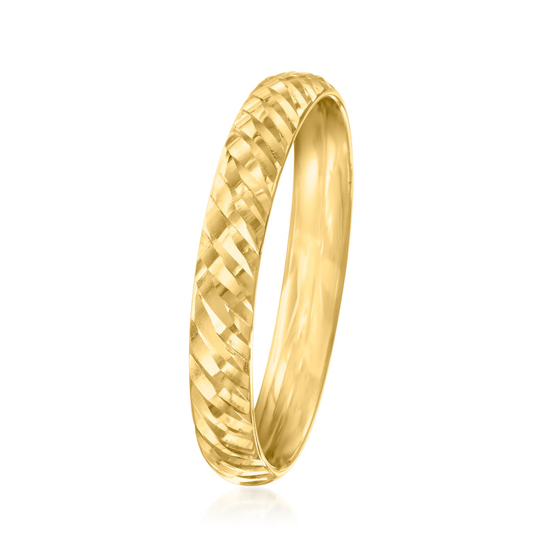Yellow gold diamond-cut ring, narrow band profile with braided texture