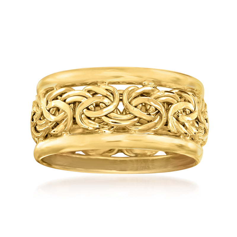 10kt yellow gold Byzantine bordered ring with raised woven pattern, wide band