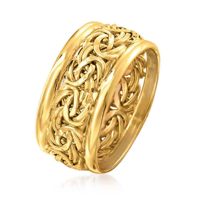 10kt yellow gold Byzantine bordered ring, side view showing textured woven edges