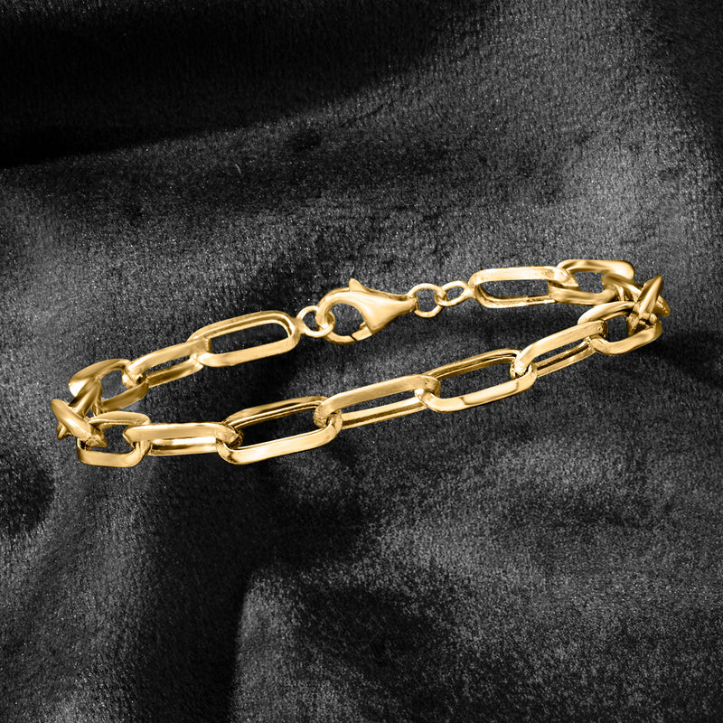 10kt yellow gold paper clip link bracelet, close-up of clasp and oval links