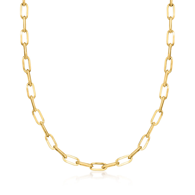 Yellow gold paper clip link necklace chain, elongated oval links.