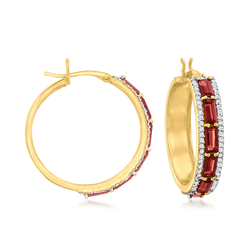 Gold over sterling hoop earrings with garnet and white zircon