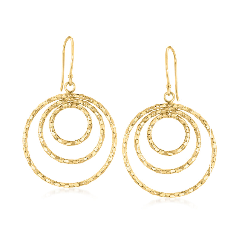 10kt yellow gold beaded-edge multi-circle drop earrings with concentric rings