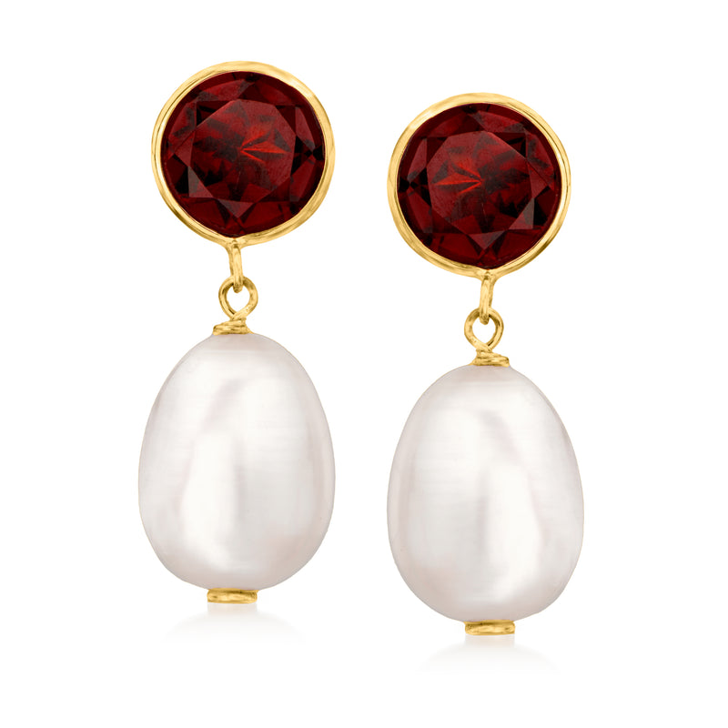 14kt yellow gold drop earrings with round garnet and white cultured pearl teardrop