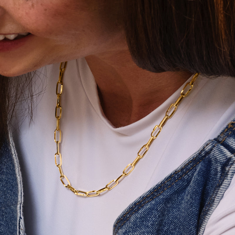 10kt yellow gold paper clip link necklace worn, elongated rectangular chain links