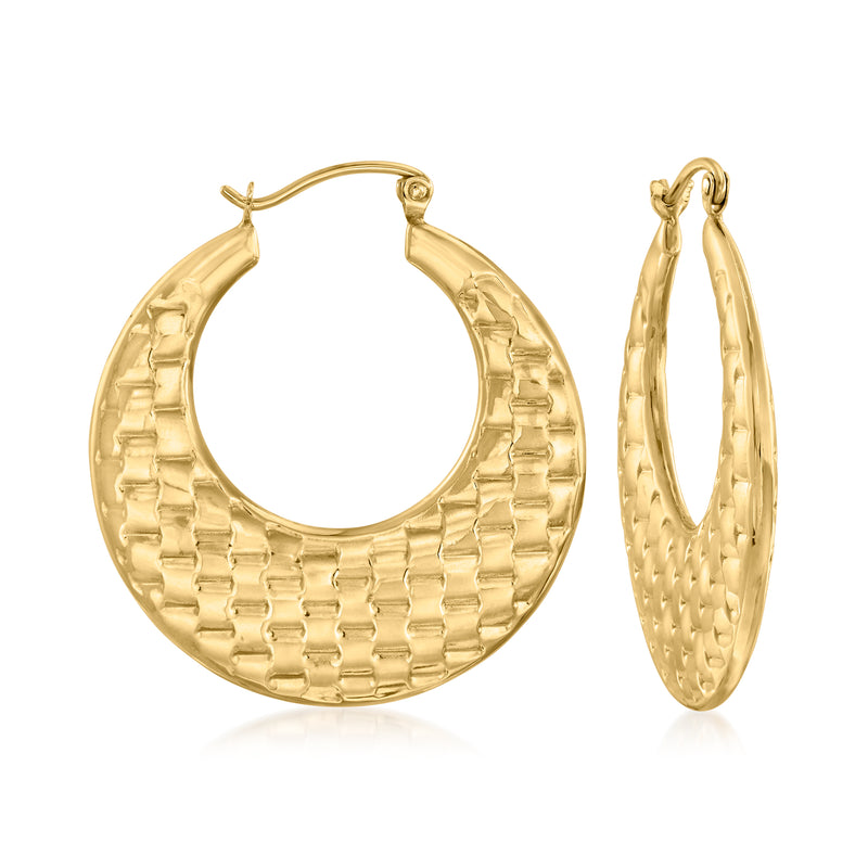 10kt yellow gold hoop earrings with basketweave-textured finish
