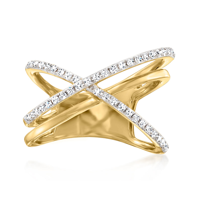 14kt yellow gold crossover ring with diamond accents