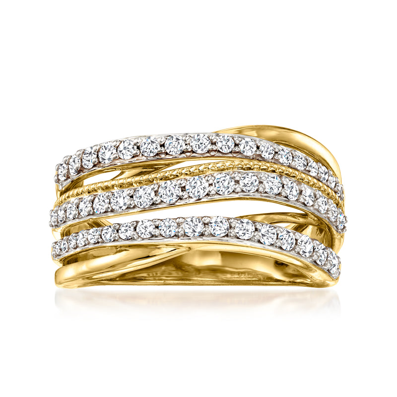 Gold over sterling diamond highway ring with crisscross bands