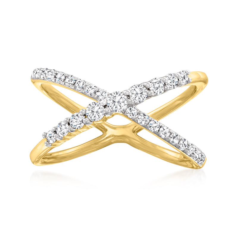 14kt yellow gold diamond crisscross ring with pavé-set stones