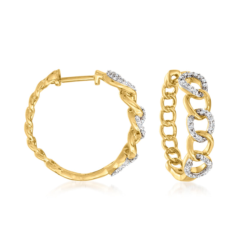 Gold hoop earrings with linked curb design and small round diamond accents, hinged clasp