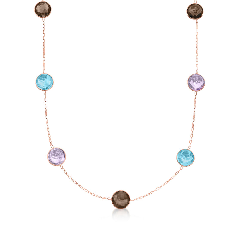 14kt rose gold station necklace with round multi-color gemstones along a thin chain