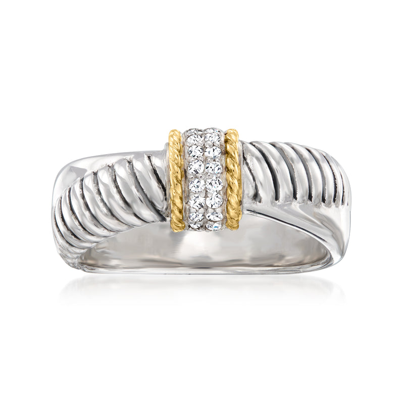 Sterling silver crossover ring with yellow gold rope center and diamond accents