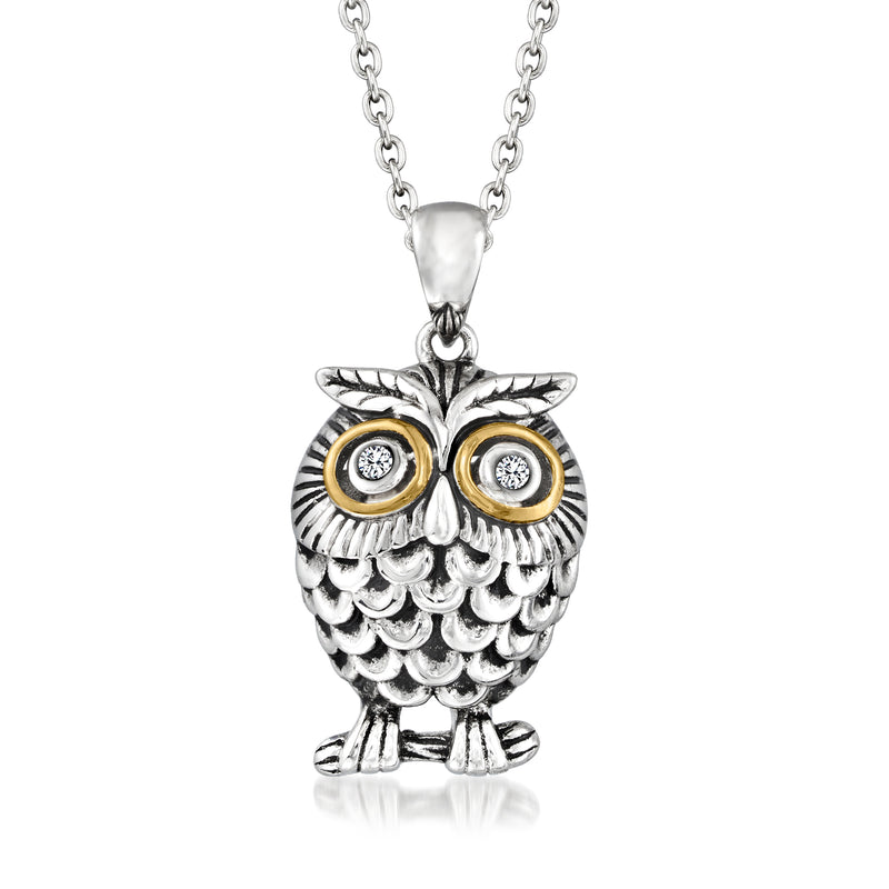 Owl pendant necklace in sterling silver with 14kt yellow gold and round stone eyes