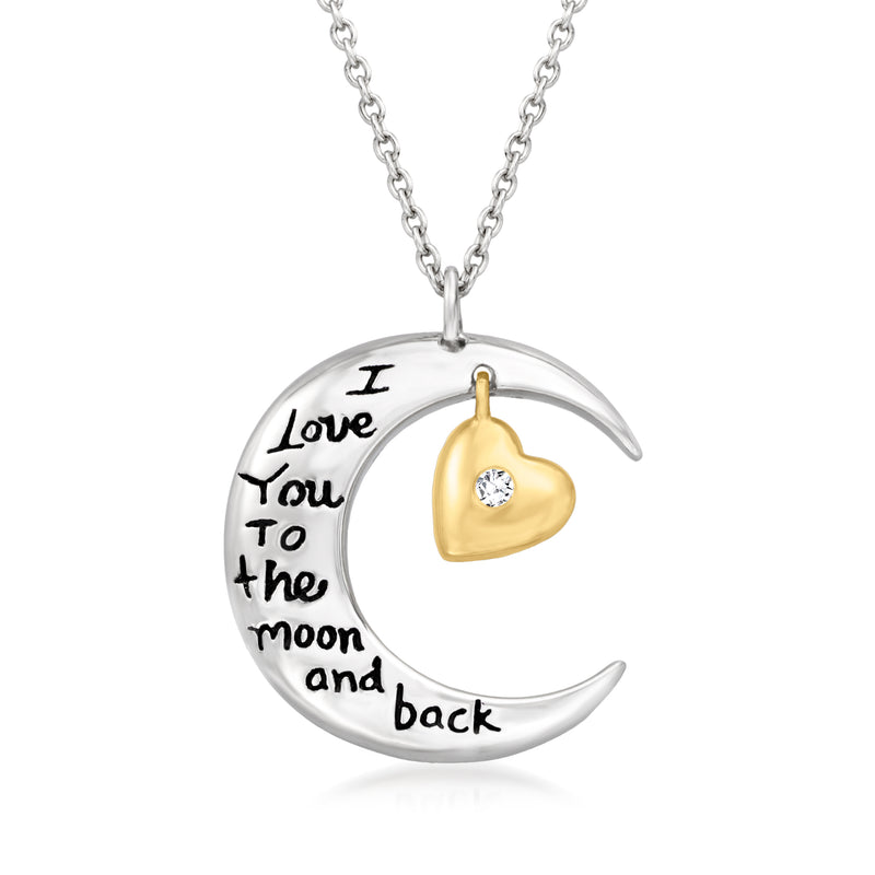 Sterling silver moon pendant necklace with yellow-gold heart and diamond, engraved text