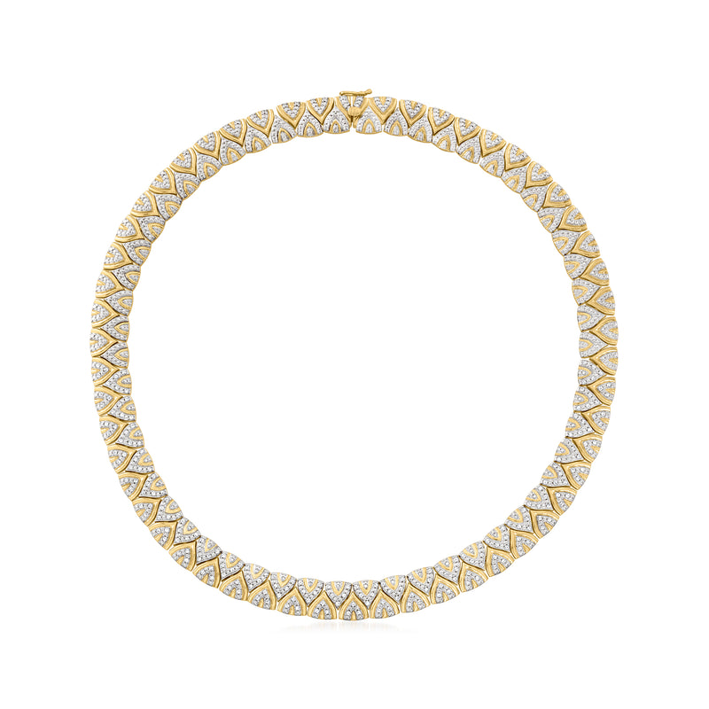 Gold collar necklace with diamond-like teardrop row setting, full circular design